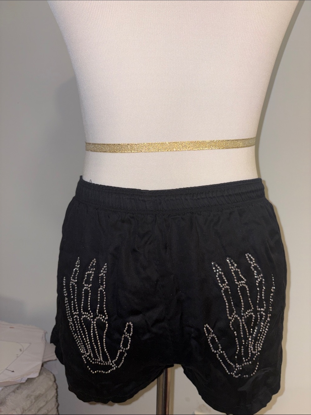 Pink ( Victoria’s Secret) Black Athletic Shorts with Rhinestone Skeleton Hands